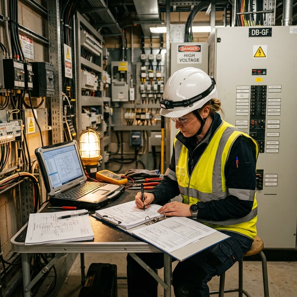 Elettricista professionista che compila e firma la dichiarazione di conformità di un impianto a Torino
