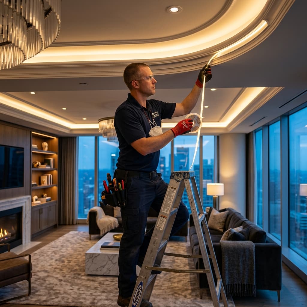 Elettricista professionista che installa strisce LED moderne sul soffitto di un salotto di lusso a Torino