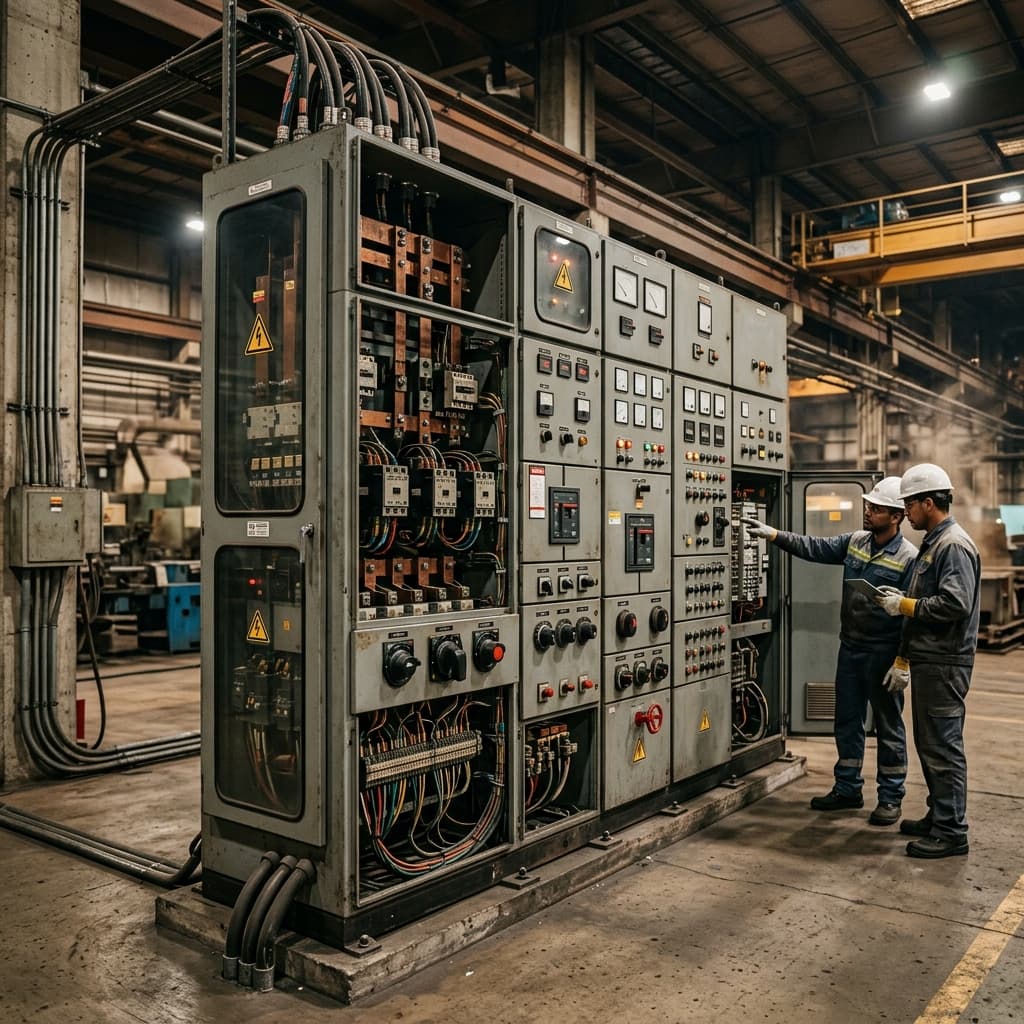Tecnico elettricista specializzato che ispeziona un quadro elettrico industriale a Torino